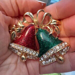 Vintage Glitter Jingle Bell Brooch Red and Green Rhinestones Holiday Pin